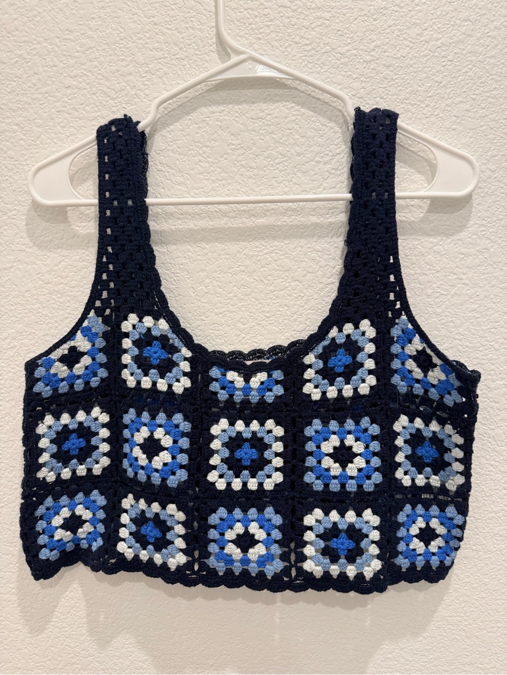 Sincerly Jules Navy Crochet Square Tank with Blue and White Accents